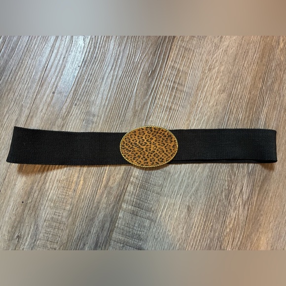 Vintage 80s 90s Elastic Belt Felted Metal Leopard Black - Picture 2 of 3